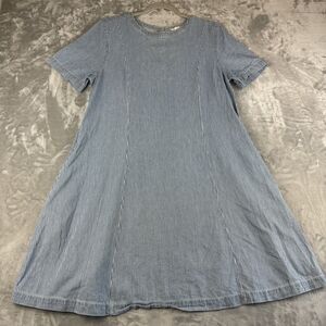 Caslon Cotton Dress Women's Medium Blue White Stripe Back Button Pockets (0988)